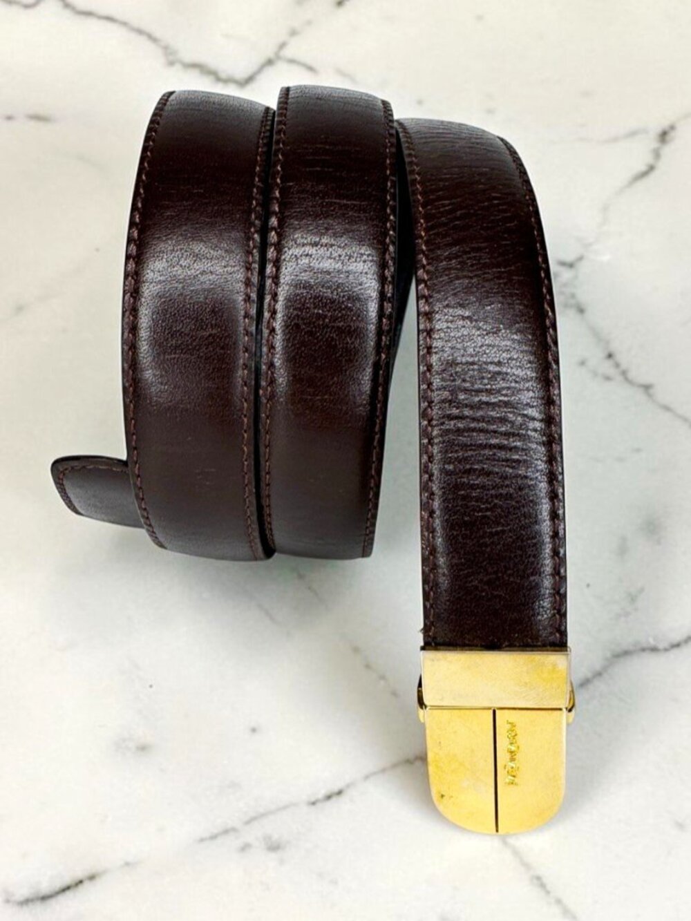 Yves Saint Laurent 95 cm Vintage YSL Reversible Leather Belt Brown Black Gold